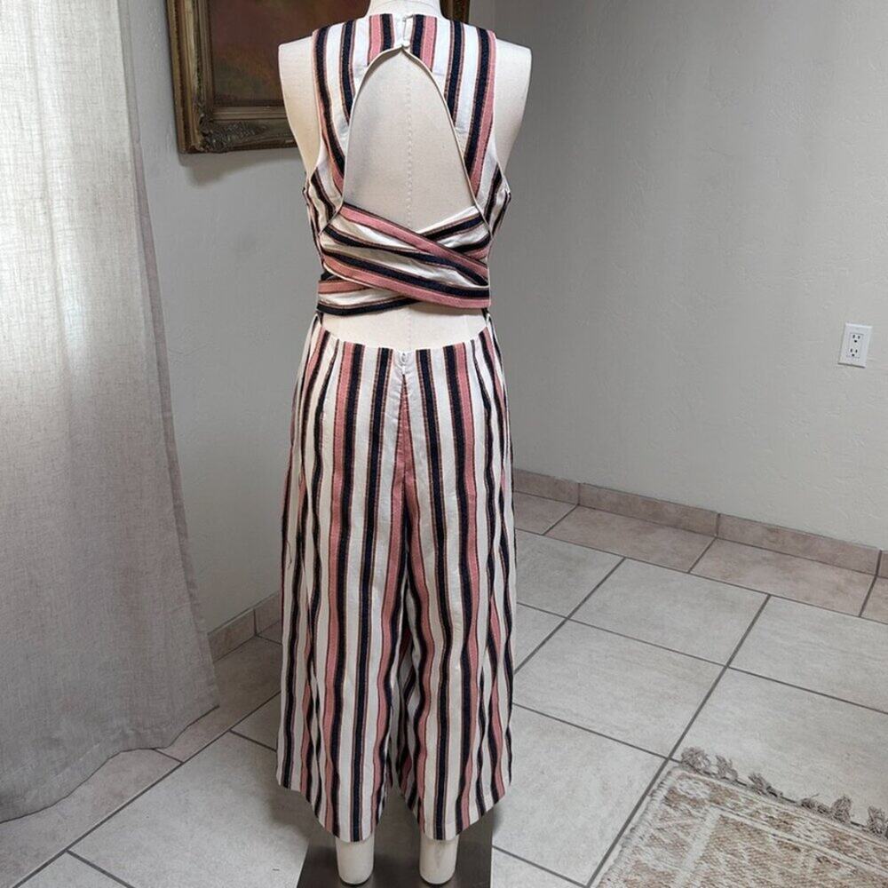 Striped Wide Leg Jumpsuit Open Back Tie Waist European Summer Resort Women L - Picture 2 of 16